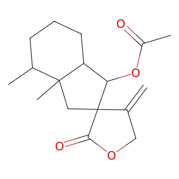 2D Structure of Spiro[furan-3(2H),2'-[2H]inden]-2-one, 1'-(acetyloxy)decahydro-3'a,4'-dimethyl-4-methylene-, (1'R,2'R,3'aR,4'S,7'aS)-