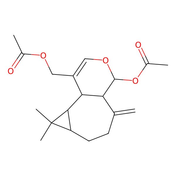 2D Structure of (9-Acetyloxy-3,3-dimethyl-7-methylidene-10-oxatricyclo[6.4.0.02,4]dodec-11-en-12-yl)methyl acetate