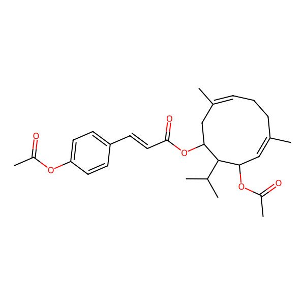 2D Structure of (9-Acetyloxy-3,7-dimethyl-10-propan-2-ylcyclodeca-3,7-dien-1-yl) 3-(4-acetyloxyphenyl)prop-2-enoate