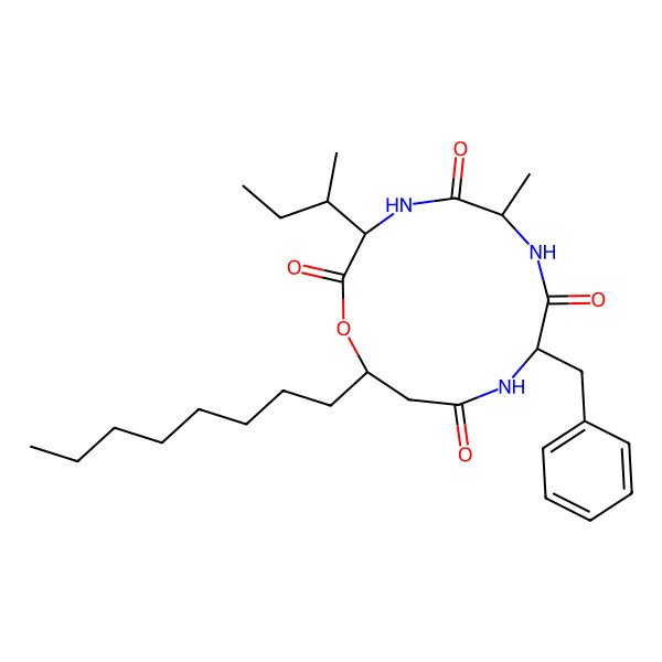 2D Structure of 9-Benzyl-3-butan-2-yl-6-methyl-13-octyl-1-oxa-4,7,10-triazacyclotridecane-2,5,8,11-tetrone