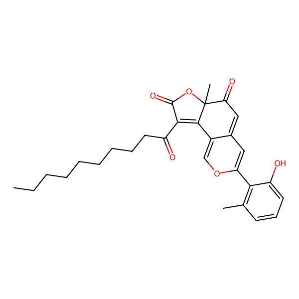 2D Structure of 9-Decanoyl-3-(2-hydroxy-6-methylphenyl)-6a-methylfuro[2,3-h]isochromene-6,8-dione