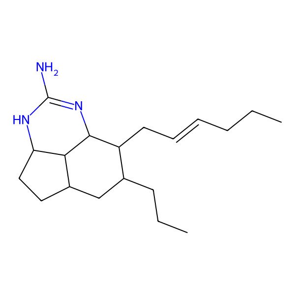 2D Structure of 9-Hex-2-enyl-10-propyl-5,7-diazatricyclo[6.3.1.04,12]dodec-6-en-6-amine