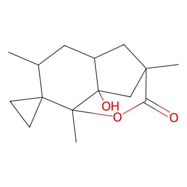 2D Structure of 9-Hydroxy-1,4,6-trimethylspiro[3-oxatricyclo[6.2.1.04,9]undecane-5,1'-cyclopropane]-2-one