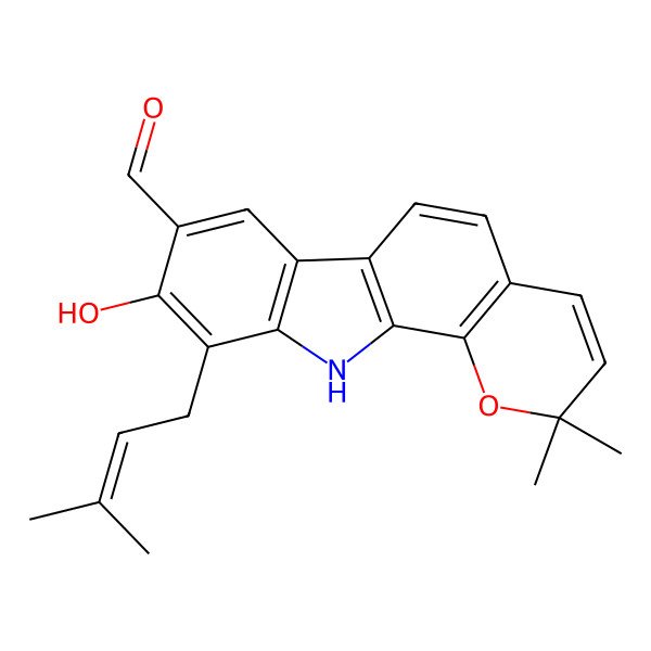 2D Structure of 9-hydroxy-2,2-dimethyl-10-(3-methylbut-2-enyl)-11H-pyrano[2,3-a]carbazole-8-carbaldehyde
