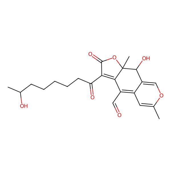 2D Structure of 9-hydroxy-3-(7-hydroxyoctanoyl)-6,9a-dimethyl-2-oxo-9H-furo[3,2-g]isochromene-4-carbaldehyde