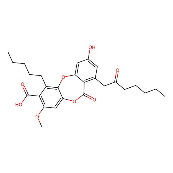2D Structure of 9-Hydroxy-3-methoxy-6-oxo-7-(2-oxoheptyl)-1-pentylbenzo[b][1,4]benzodioxepine-2-carboxylic acid