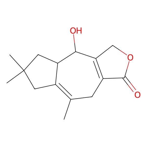 2D Structure of 9-Hydroxy-5,7,7-trimethyl-1,4,6,8,8a,9-hexahydroazuleno[5,6-c]furan-3-one