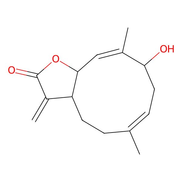 2D Structure of 9-Hydroxy-6,10-dimethyl-3-methylidene-3a,4,5,8,9,11a-hexahydrocyclodeca[b]furan-2-one