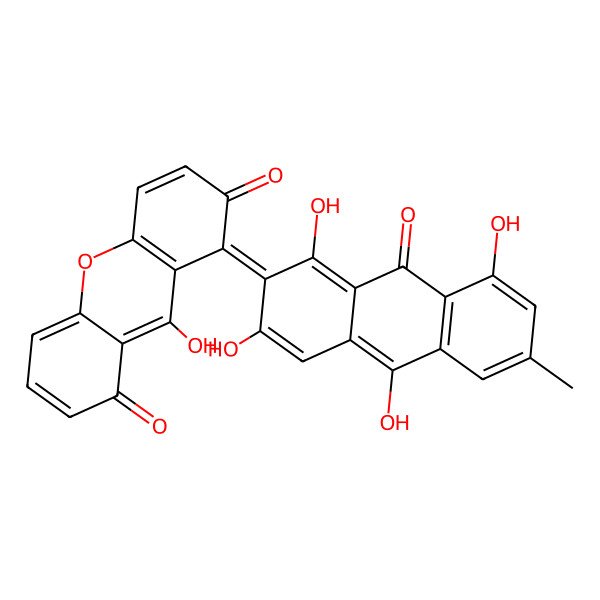 2D Structure of 9-Hydroxy-8-(1,3,8,10-tetrahydroxy-6-methyl-9-oxoanthracen-2-ylidene)xanthene-1,7-dione