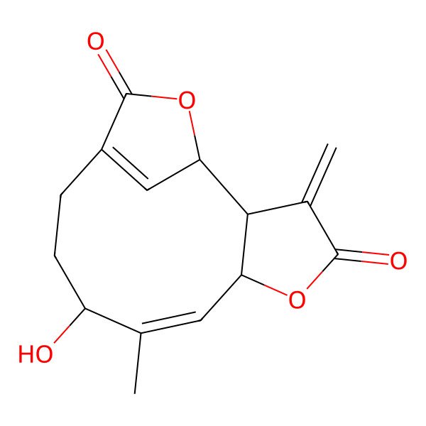 2D Structure of 9-Hydroxy-8-methyl-3-methylidene-5,14-dioxatricyclo[10.2.1.02,6]pentadeca-7,12(15)-diene-4,13-dione