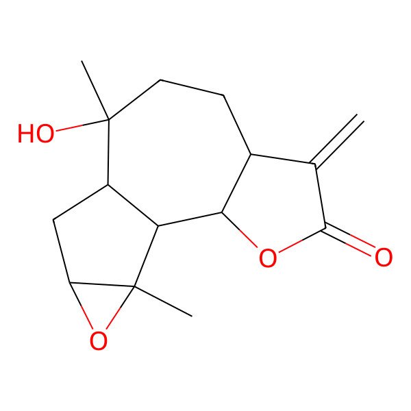 2D Structure of 9-Hydroxy-9,14-dimethyl-5-methylidene-3,13-dioxatetracyclo[8.4.0.02,6.012,14]tetradecan-4-one