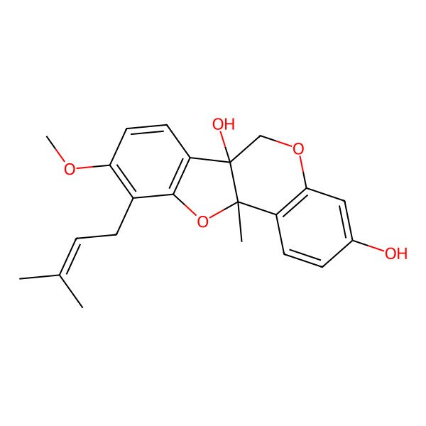 2D Structure of 9-methoxy-11a-methyl-10-(3-methylbut-2-enyl)-6H-[1]benzofuro[3,2-c]chromene-3,6a-diol