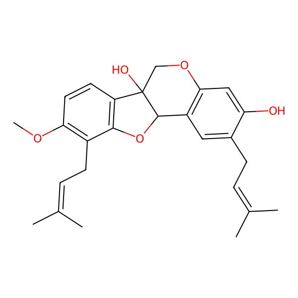 2D Structure of 9-Methoxy-2,10-bis(3-methylbut-2-enyl)-6,11a-dihydro-[1]benzofuro[3,2-c]chromene-3,6a-diol