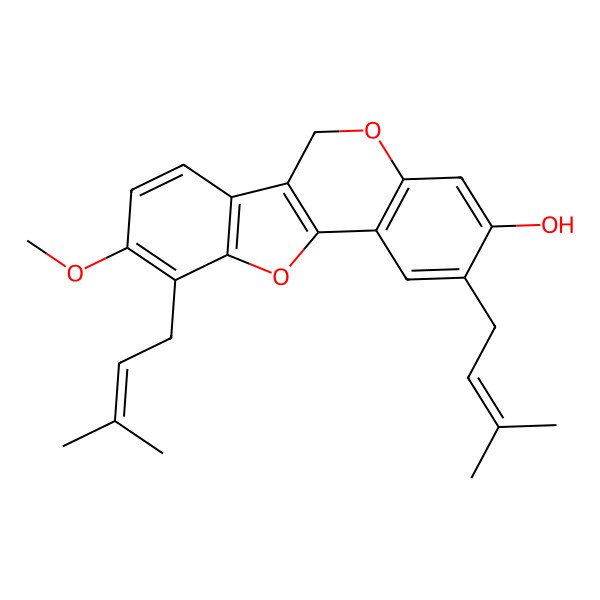 2D Structure of 9-methoxy-2,10-bis(3-methylbut-2-enyl)-6H-[1]benzofuro[3,2-c]chromen-3-ol