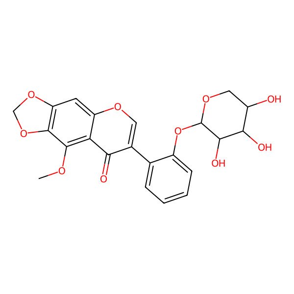 2D Structure of 9-methoxy-7-[2-[(2S,3R,4S,5R)-3,4,5-trihydroxyoxan-2-yl]oxyphenyl]-[1,3]dioxolo[4,5-g]chromen-8-one