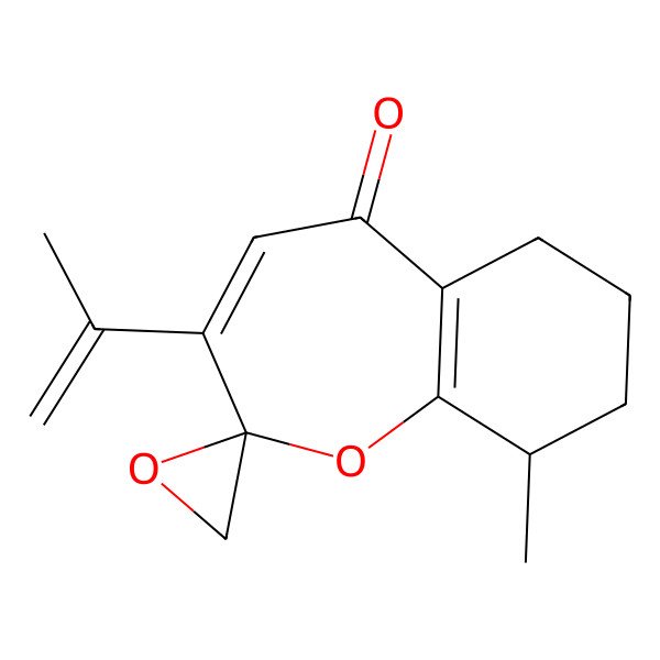 2D Structure of 9-Methyl-3-prop-1-en-2-ylspiro[6,7,8,9-tetrahydro-1-benzoxepine-2,2'-oxirane]-5-one