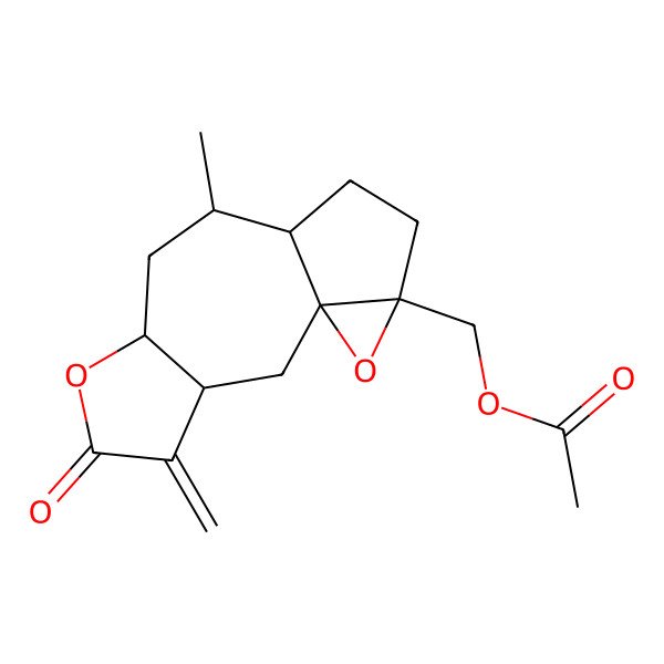 2D Structure of (9-Methyl-4-methylidene-5-oxo-6,14-dioxatetracyclo[8.4.0.01,13.03,7]tetradecan-13-yl)methyl acetate
