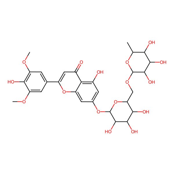 2D Structure of 5-Hydroxy-2-(4-hydroxy-3,5-dimethoxyphenyl)-7-[3,4,5-trihydroxy-6-[(3,4,5-trihydroxy-6-methyloxan-2-yl)oxymethyl]oxan-2-yl]oxychromen-4-one