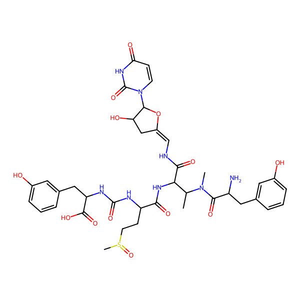2D Structure of 2-[[1-[[(2R,3R)-3-[[2-amino-3-(3-hydroxyphenyl)propanoyl]-methylamino]-1-[[(Z)-[(4S,5S)-5-(2,4-dioxopyrimidin-1-yl)-4-hydroxyoxolan-2-ylidene]methyl]amino]-1-oxobutan-2-yl]amino]-4-methylsulfinyl-1-oxobutan-2-yl]carbamoylamino]-3-(3-hydroxyphenyl)propanoic acid