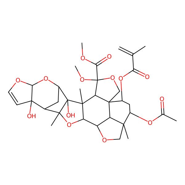 2D Structure of Methyl 23-acetyloxy-7,14-dihydroxy-4-methoxy-6,16,22-trimethyl-25-(2-methylprop-2-enoyloxy)-3,9,11,17,20-pentaoxaoctacyclo[17.6.1.18,15.01,5.06,18.07,16.010,14.022,26]heptacos-12-ene-4-carboxylate