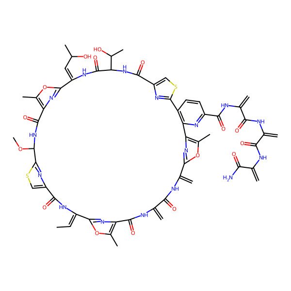 2D Structure of (14R,17Z,24R,31Z)-N-[3-[[3-[(3-amino-3-oxoprop-1-en-2-yl)amino]-3-oxoprop-1-en-2-yl]amino]-3-oxoprop-1-en-2-yl]-31-ethylidene-14-[(1R)-1-hydroxyethyl]-17-[(2S)-2-hydroxypropylidene]-24-methoxy-20,34,44-trimethyl-38,41-dimethylidene-12,15,22,29,36,39-hexaoxo-19,33,43-trioxa-9,26-dithia-3,13,16,23,30,37,40,45,46,47,48,49-dodecazaheptacyclo[40.2.1.18,11.118,21.125,28.132,35.02,7]nonatetraconta-1(44),2(7),3,5,8(49),10,18(48),20,25(47),27,32(46),34,42(45)-tridecaene-4-carboxamide
