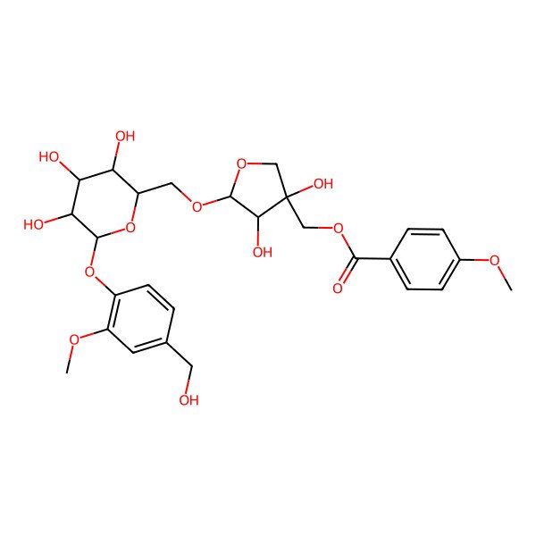 2D Structure of [3,4-Dihydroxy-5-[[3,4,5-trihydroxy-6-[4-(hydroxymethyl)-2-methoxyphenoxy]oxan-2-yl]methoxy]oxolan-3-yl]methyl 4-methoxybenzoate