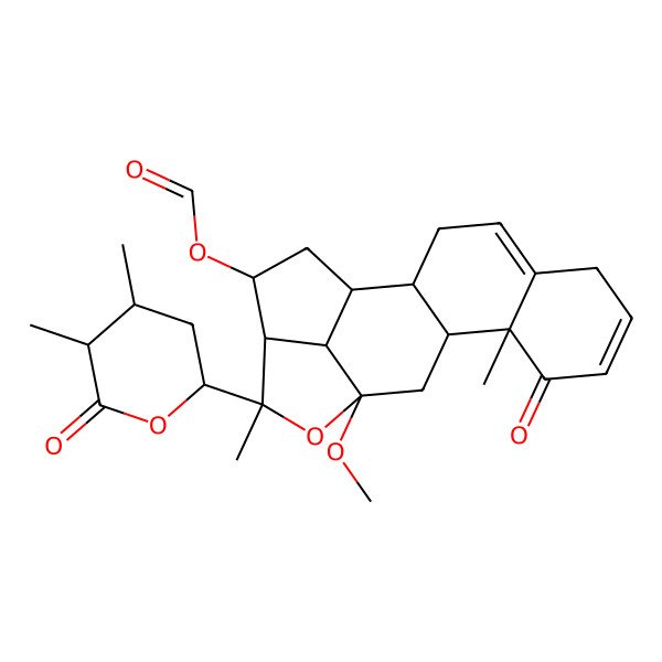 2D Structure of [(1S,2S,10R,11S,13R,15R,16R,17S,19R)-15-[(4S,5R)-4,5-dimethyl-6-oxooxan-2-yl]-13-methoxy-10,15-dimethyl-9-oxo-14-oxapentacyclo[11.5.1.02,11.05,10.016,19]nonadeca-4,7-dien-17-yl] formate