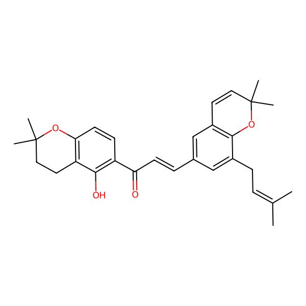 2D Structure of 3-[2,2-Dimethyl-8-(3-methylbut-2-enyl)chromen-6-yl]-1-(5-hydroxy-2,2-dimethyl-3,4-dihydrochromen-6-yl)prop-2-en-1-one