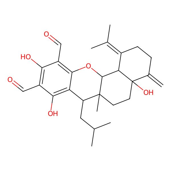 2D Structure of 4a,8,10-trihydroxy-6a-methyl-4-methylidene-7-(2-methylpropyl)-1-propan-2-ylidene-3,5,6,7,12a,12b-hexahydro-2H-naphtho[1,2-b]chromene-9,11-dicarbaldehyde