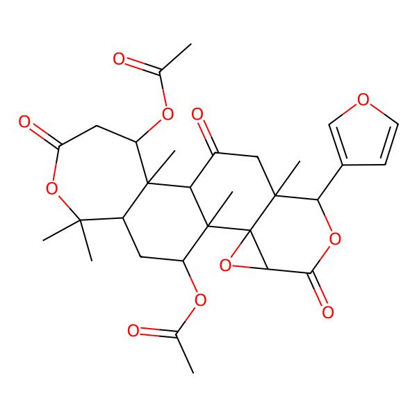 2D Structure of [13-Acetyloxy-7-(furan-3-yl)-1,8,12,17,17-pentamethyl-5,10,15-trioxo-3,6,16-trioxapentacyclo[9.9.0.02,4.02,8.012,18]icosan-20-yl] acetate