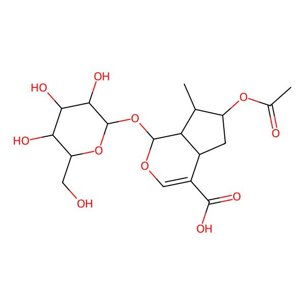 2D Structure of (1S,4aS,6S,7R,7aS)-6-acetyloxy-7-methyl-1-[(2S,3R,4S,5S,6R)-3,4,5-trihydroxy-6-(hydroxymethyl)oxan-2-yl]oxy-1,4a,5,6,7,7a-hexahydrocyclopenta[c]pyran-4-carboxylic acid