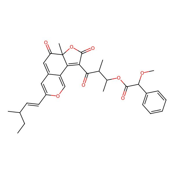 2D Structure of [(2R,3S)-4-[(6aS)-6a-methyl-3-[(E,3S)-3-methylpent-1-enyl]-6,8-dioxofuro[2,3-h]isochromen-9-yl]-3-methyl-4-oxobutan-2-yl] (2S)-2-methoxy-2-phenylacetate