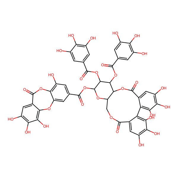 2D Structure of [3,4,5,21,22,23-Hexahydroxy-8,18-dioxo-11,12-bis[(3,4,5-trihydroxybenzoyl)oxy]-9,14,17-trioxatetracyclo[17.4.0.02,7.010,15]tricosa-1(23),2,4,6,19,21-hexaen-13-yl] 4,8,9,10-tetrahydroxy-6-oxobenzo[b][1,4]benzodioxepine-2-carboxylate
