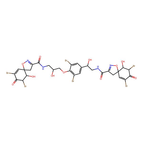 2D Structure of 7,9-dibromo-N-[3-[2,6-dibromo-4-[2-[(7,9-dibromo-6-hydroxy-8-oxo-1-oxa-2-azaspiro[4.5]deca-2,9-diene-3-carbonyl)amino]-1-hydroxyethyl]phenoxy]-2-hydroxypropyl]-6-hydroxy-8-oxo-1-oxa-2-azaspiro[4.5]deca-2,9-diene-3-carboxamide