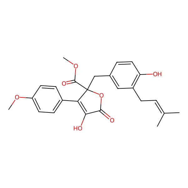 2D Structure of Methyl 4-hydroxy-2-[[4-hydroxy-3-(3-methylbut-2-enyl)phenyl]methyl]-3-(4-methoxyphenyl)-5-oxofuran-2-carboxylate