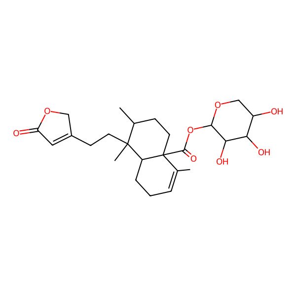 2D Structure of (3,4,5-trihydroxyoxan-2-yl) 4,7,8-trimethyl-8-[2-(5-oxo-2H-furan-3-yl)ethyl]-1,2,5,6,7,8a-hexahydronaphthalene-4a-carboxylate