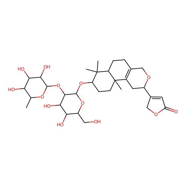 2D Structure of 3-[(2S,6aS,8S,10aS)-8-[(2R,3R,4S,5S,6R)-4,5-dihydroxy-6-(hydroxymethyl)-3-[(2S,3R,4R,5R,6S)-3,4,5-trihydroxy-6-methyloxan-2-yl]oxyoxan-2-yl]oxy-7,7,10a-trimethyl-2,4,5,6,6a,8,9,10-octahydro-1H-benzo[f]isochromen-2-yl]-2H-furan-5-one