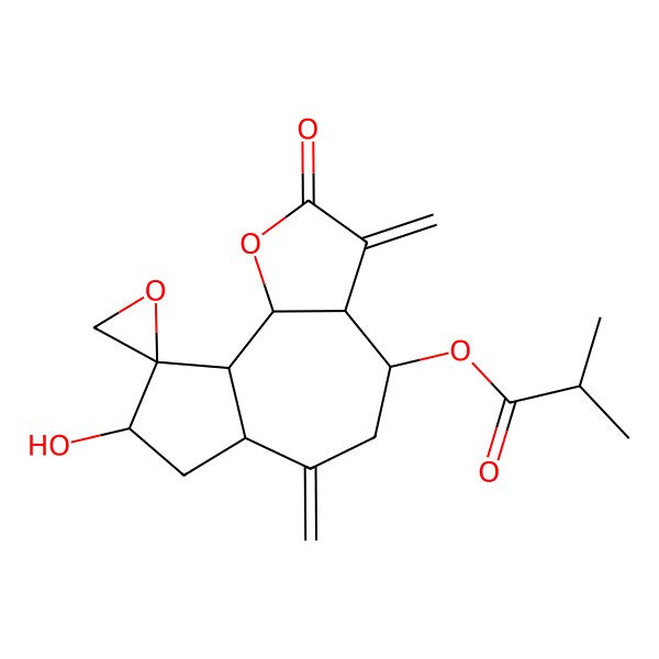 2D Structure of [(3aR,4S,6aR,8S,9R,9aS,9bS)-8-hydroxy-3,6-dimethylidene-2-oxospiro[3a,4,5,6a,7,8,9a,9b-octahydroazuleno[4,5-b]furan-9,2'-oxirane]-4-yl] 2-methylpropanoate