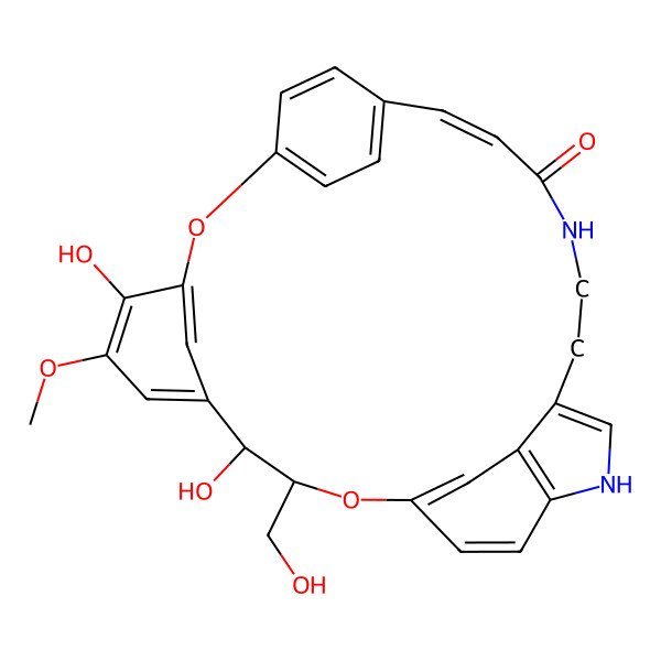 2D Structure of (3S,4R,15E)-4,8-dihydroxy-3-(hydroxymethyl)-7-methoxy-2,10-dioxa-18,23-diazapentacyclo[19.5.2.211,14.15,9.024,28]hentriaconta-1(27),5(31),6,8,11,13,15,21,24(28),25,29-undecaen-17-one
