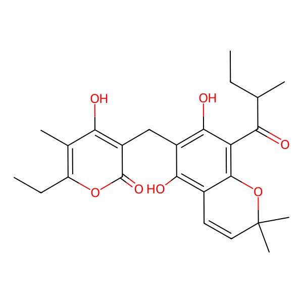 2D Structure of (s)-3-[{5,7-Dihydroxy-2,2-dimethyl-8-(2-methylbutanoyl)-2h-chromen-6-yl}methyl]-6-ethyl-4-hydroxy-5-methyl-2h-pyran-2-one