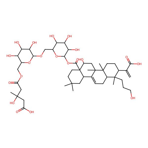 2D Structure of (3R)-5-[[(2R,3S,4S,5R,6R)-6-[[(2R,3S,4S,5R,6S)-6-[(1S,2R,4aR,4bS,6R,6aR,10aS,12aR)-2-(1-carboxyethenyl)-6-hydroxy-1-(3-hydroxypropyl)-1,4a,4b,9,9-pentamethyl-3,4,5,6,7,8,10,10a,12,12a-decahydro-2H-chrysene-6a-carbonyl]oxy-3,4,5-trihydroxyoxan-2-yl]methoxy]-3,4,5-trihydroxyoxan-2-yl]methoxy]-3-hydroxy-3-methyl-5-oxopentanoic acid