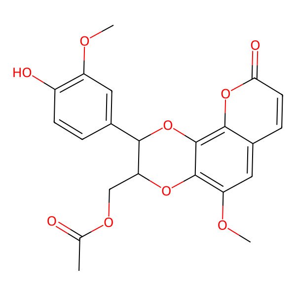 2D Structure of [2-(4-Hydroxy-3-methoxyphenyl)-5-methoxy-9-oxo-2,3-dihydropyrano[3,2-h][1,4]benzodioxin-3-yl]methyl acetate