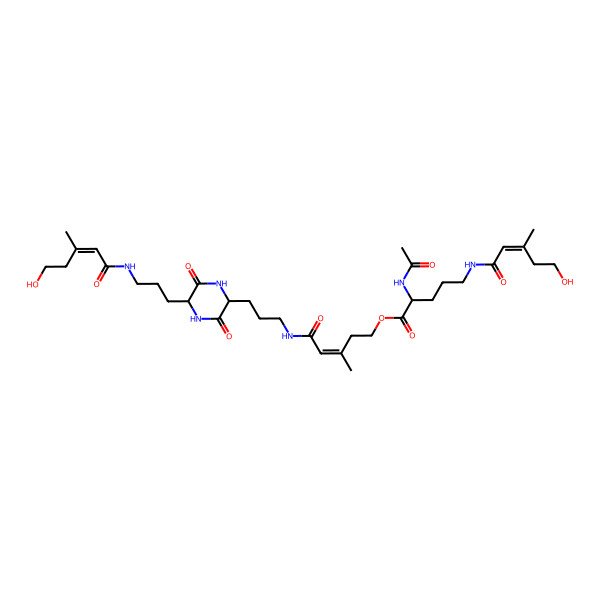 2D Structure of [5-[3-[5-[3-[(5-Hydroxy-3-methylpent-2-enoyl)amino]propyl]-3,6-dioxopiperazin-2-yl]propylamino]-3-methyl-5-oxopent-3-enyl] 2-acetamido-5-[(5-hydroxy-3-methylpent-2-enoyl)amino]pentanoate