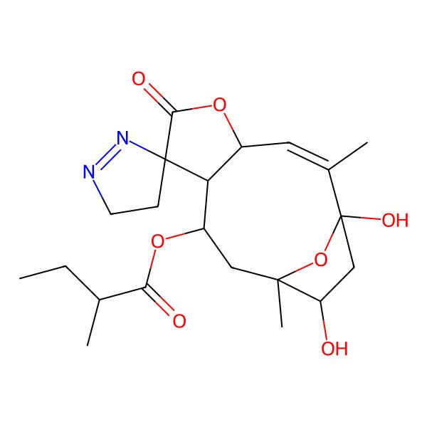 2D Structure of [(1'S,2'Z,4'R,5S,8'R,9'R,11'S,12'S)-1',12'-dihydroxy-2',11'-dimethyl-6'-oxospiro[3,4-dihydropyrazole-5,7'-5,14-dioxatricyclo[9.2.1.04,8]tetradec-2-ene]-9'-yl] (2R)-2-methylbutanoate