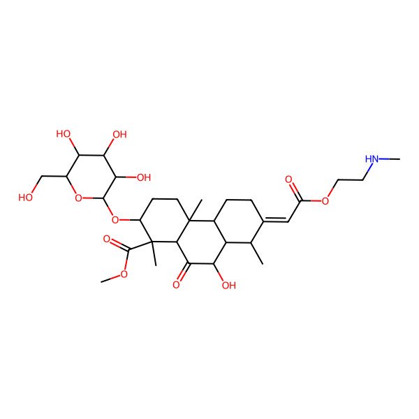 2D Structure of Methyl 9-hydroxy-1,4a,8-trimethyl-7-[2-[2-(methylamino)ethoxy]-2-oxoethylidene]-10-oxo-2-[3,4,5-trihydroxy-6-(hydroxymethyl)oxan-2-yl]oxy-2,3,4,4b,5,6,8,8a,9,10a-decahydrophenanthrene-1-carboxylate
