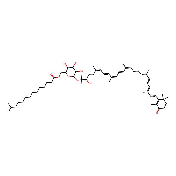 2D Structure of [3,4,5-Trihydroxy-6-[3-hydroxy-2,6,10,14,19,23-hexamethyl-25-(2,6,6-trimethyl-3-oxocyclohexen-1-yl)pentacosa-4,6,8,10,12,14,16,18,20,22,24-undecaen-2-yl]oxyoxan-2-yl]methyl 13-methyltetradecanoate