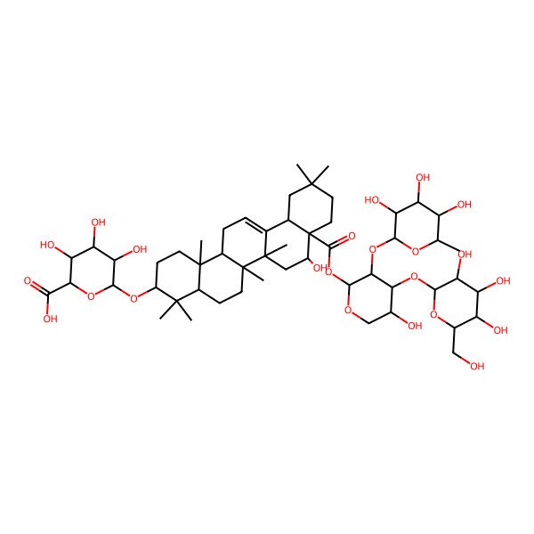 2D Structure of 3,4,5-Trihydroxy-6-[[8-hydroxy-8a-[5-hydroxy-4-[3,4,5-trihydroxy-6-(hydroxymethyl)oxan-2-yl]oxy-3-(3,4,5-trihydroxy-6-methyloxan-2-yl)oxyoxan-2-yl]oxycarbonyl-4,4,6a,6b,11,11,14b-heptamethyl-1,2,3,4a,5,6,7,8,9,10,12,12a,14,14a-tetradecahydropicen-3-yl]oxy]oxane-2-carboxylic acid