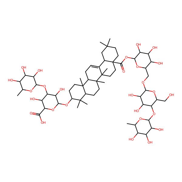 2D Structure of (2S,3S,4S,5R,6R)-6-[[(3S,4aR,6aR,6bS,8aS,12aS,14aR,14bR)-8a-[(2S,3R,4S,5S,6R)-6-[[(2R,3R,4R,5S,6R)-3,4-dihydroxy-6-(hydroxymethyl)-5-[(2S,3R,4R,5R,6S)-3,4,5-trihydroxy-6-methyloxan-2-yl]oxyoxan-2-yl]oxymethyl]-3,4,5-trihydroxyoxan-2-yl]oxycarbonyl-4,4,6a,6b,11,11,14b-heptamethyl-1,2,3,4a,5,6,7,8,9,10,12,12a,14,14a-tetradecahydropicen-3-yl]oxy]-3,5-dihydroxy-4-[(2S,3R,4R,5R,6S)-3,4,5-trihydroxy-6-methyloxan-2-yl]oxyoxane-2-carboxylic acid