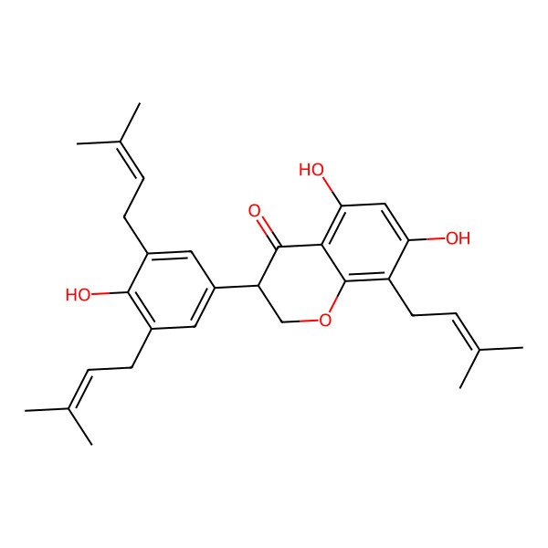 2D Structure of 5,7-Dihydroxy-3-[4-hydroxy-3,5-bis(3-methylbut-2-enyl)phenyl]-8-(3-methylbut-2-enyl)-2,3-dihydrochromen-4-one