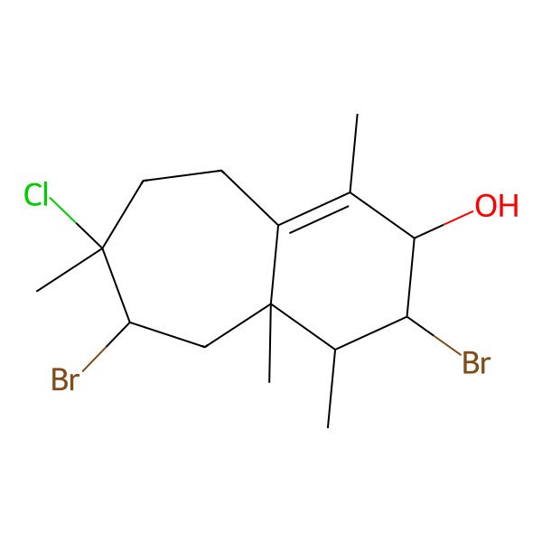2D Structure of (3R,4R,4aR,6S,7S)-3,6-dibromo-7-chloro-1,4,4a,7-tetramethyl-3,4,5,6,8,9-hexahydro-2H-benzo[7]annulen-2-ol